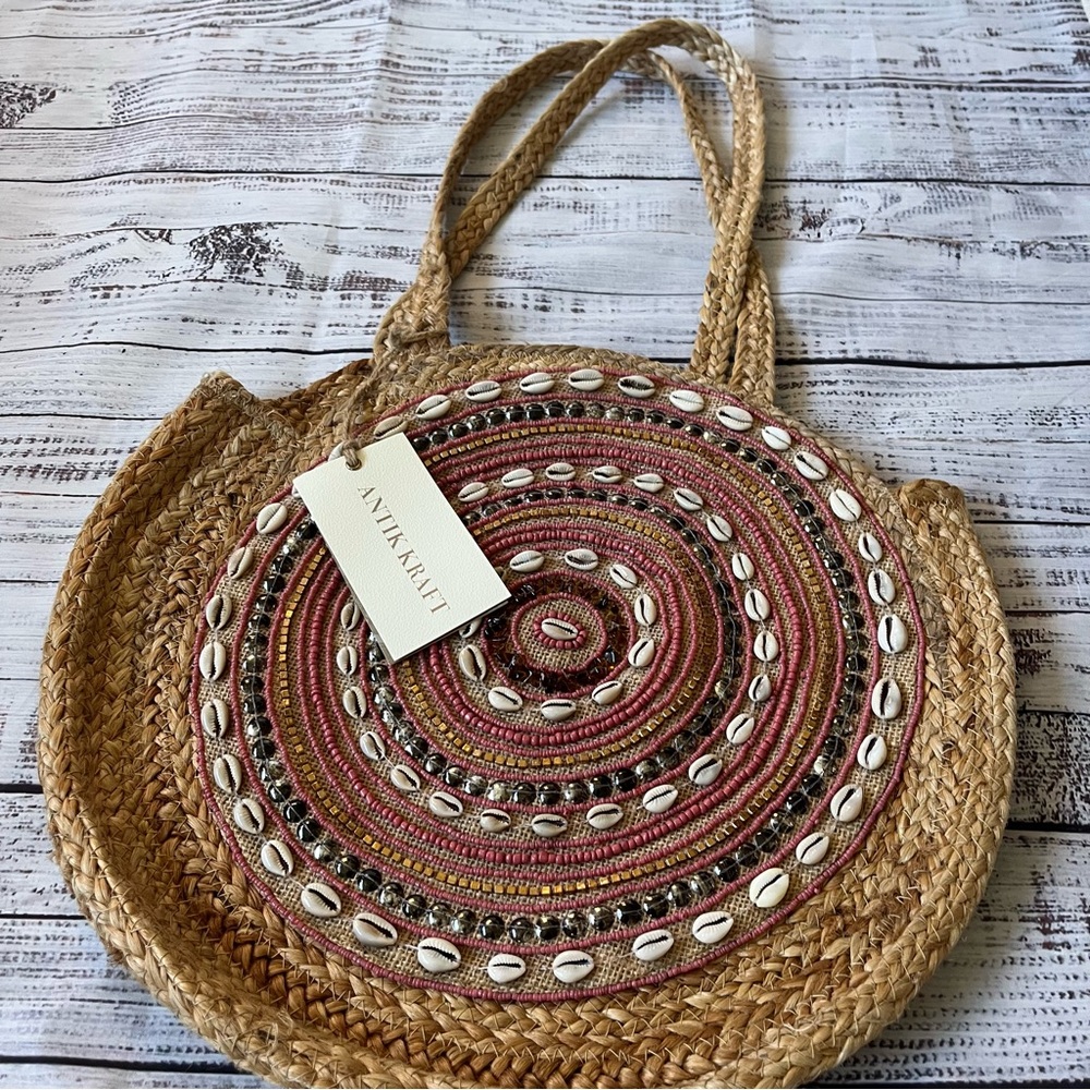 ANTIK KRAFT Jute Woven Shell Beaded Large Round Boho Shoulder Bag NWT - Picture 2 of 8